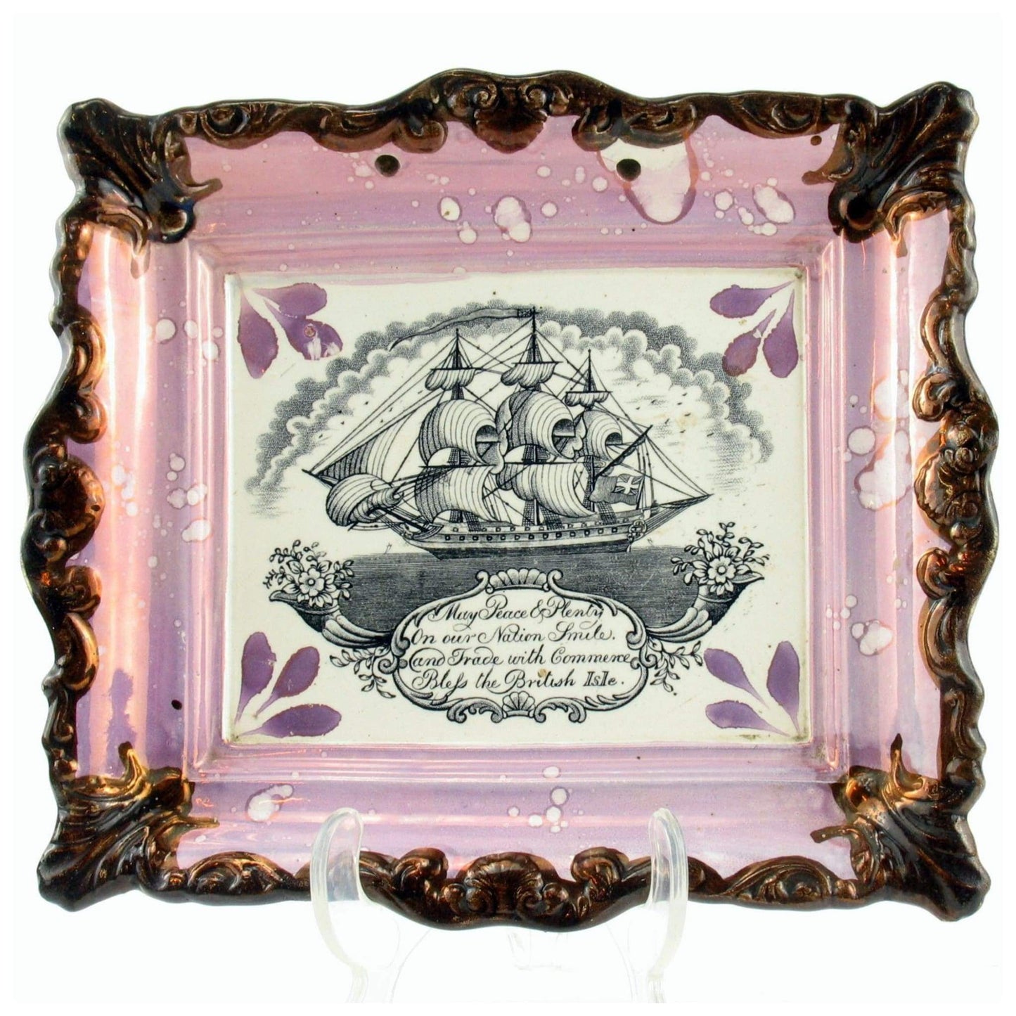 Ceramics - Sunderland Lustre Plaque "May Peace & Plenty On Our Nation Smile,.."