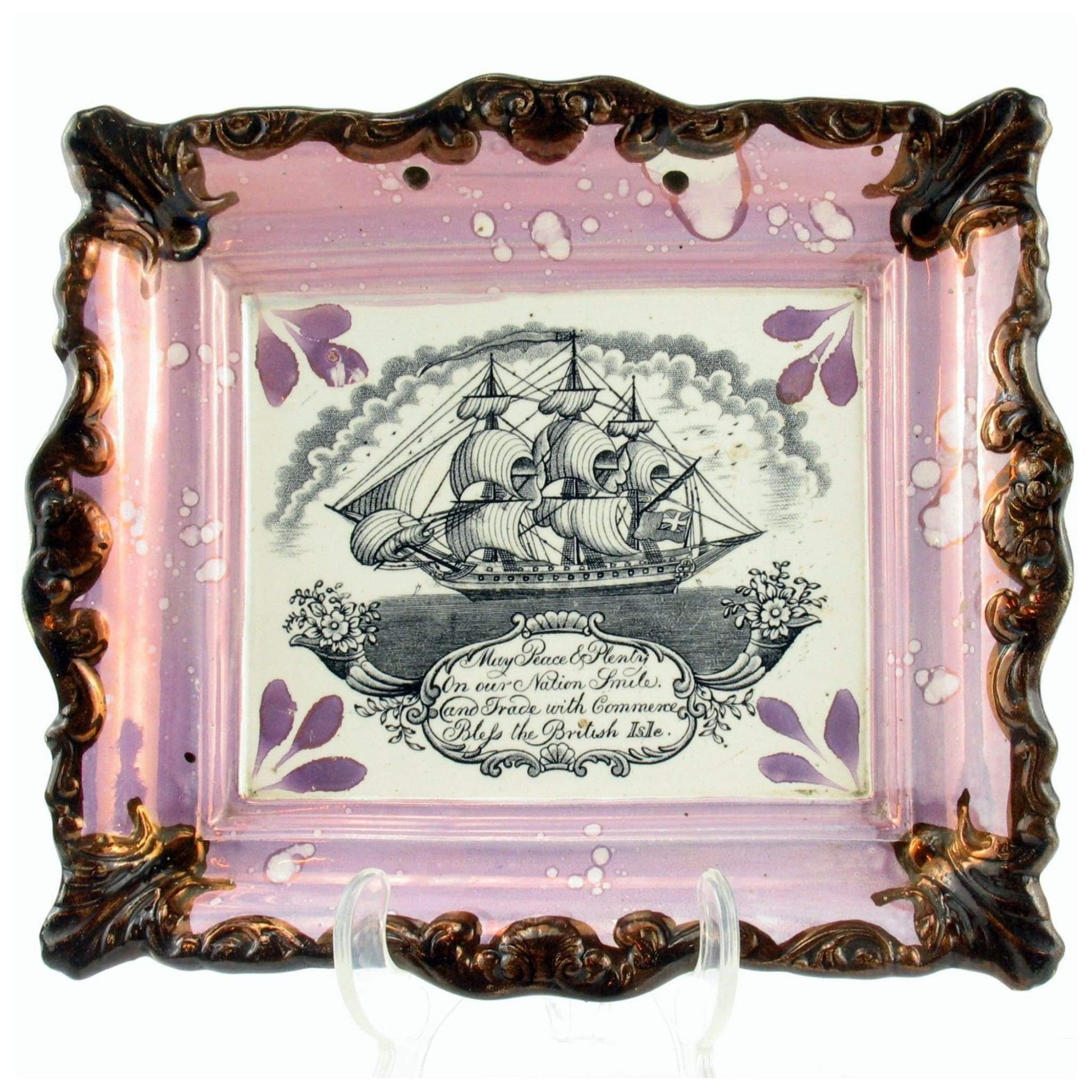 Ceramics - Sunderland Lustre Plaque "May Peace & Plenty On Our Nation Smile,.."