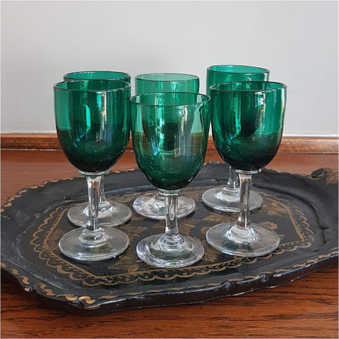 Glass - Six Victorian Bristol Green Goblets