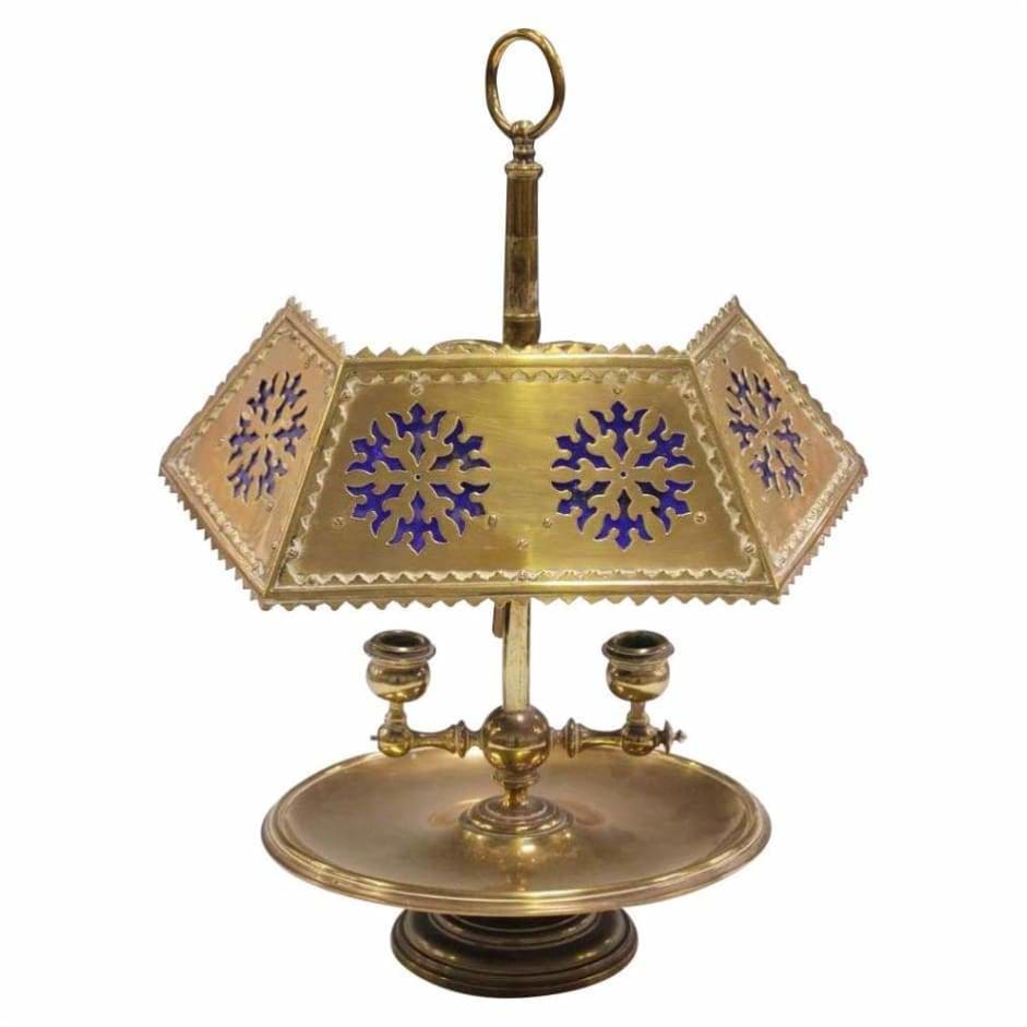 Lighting - 19C Brass Desk Or Table Lamp With Cobalt Glass Shade