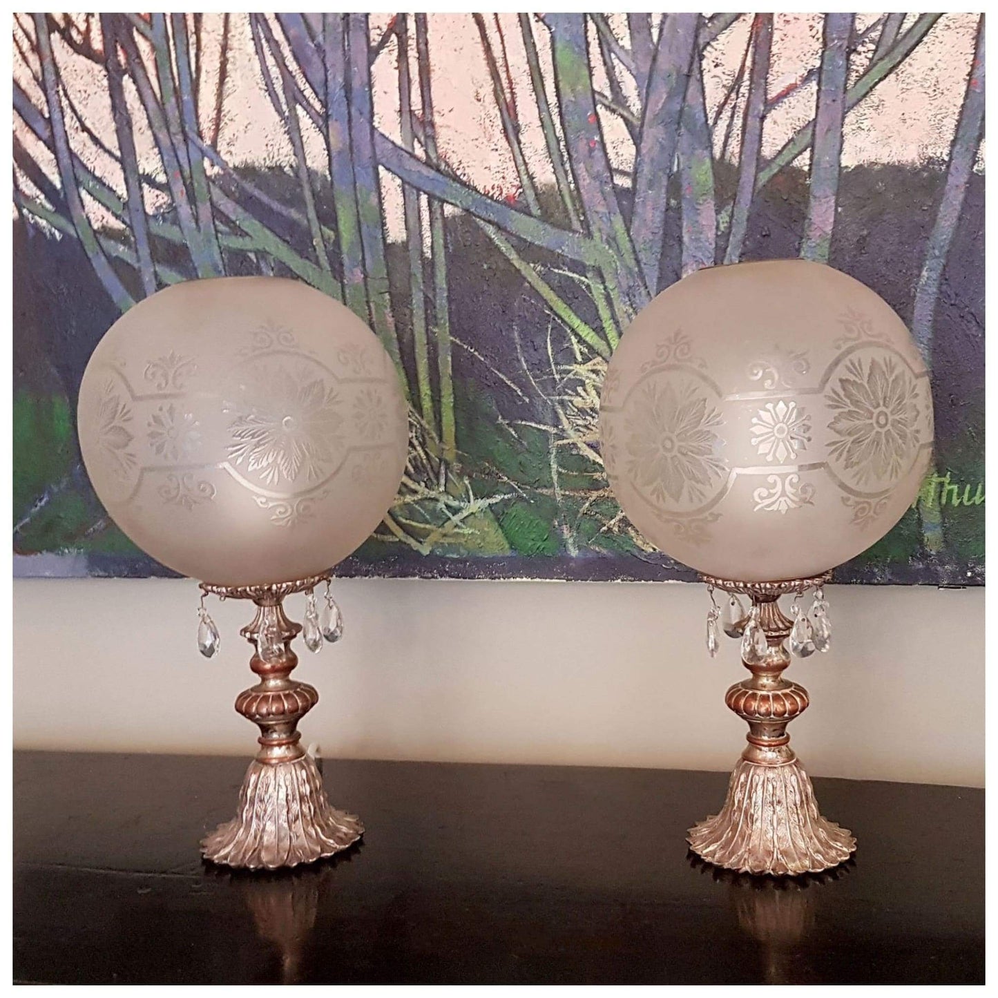 Lighting - Metal Candlestick Lamps With Vintage Frosted Dome Shades