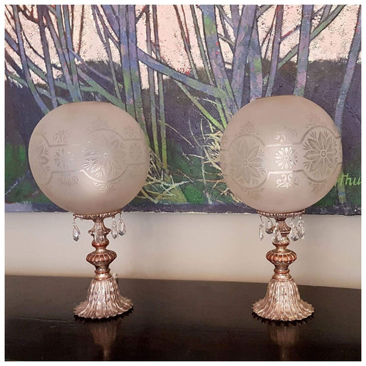 Lighting - Metal Candlestick Lamps With Vintage Frosted Dome Shades