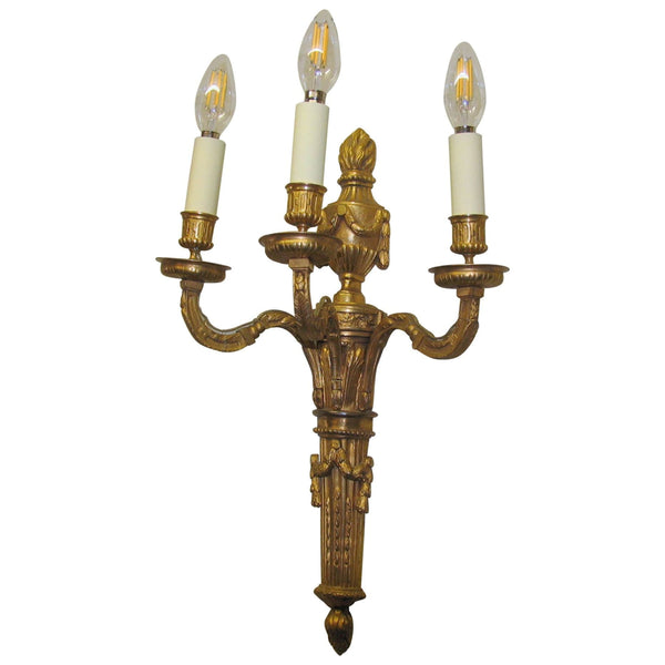 Lighting - Pair Of Early 20th Century Neoclassical Bronze 3-Branch Wall Lights