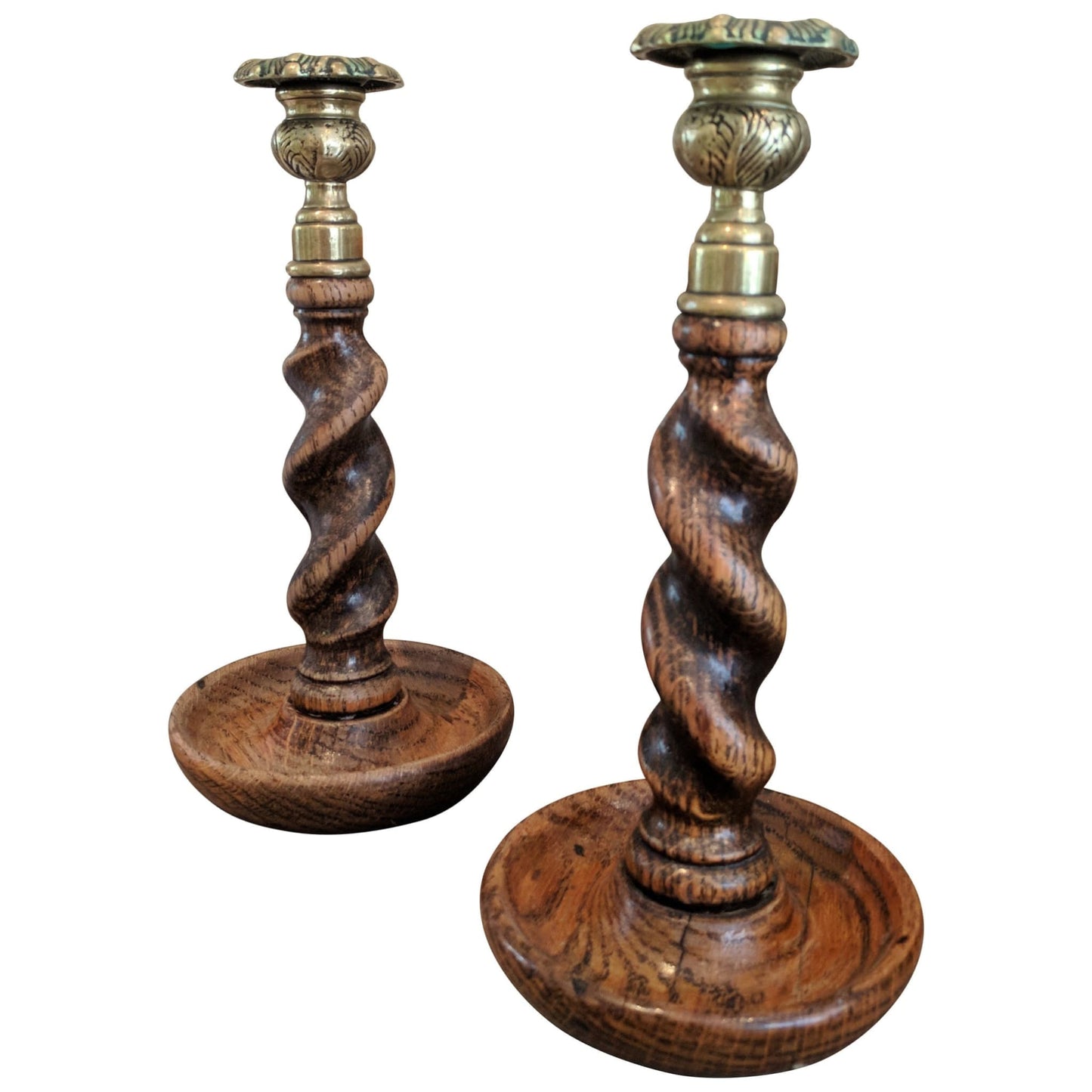 Miscellaneous - Edwardian Oak Barley Twist Candlesticks