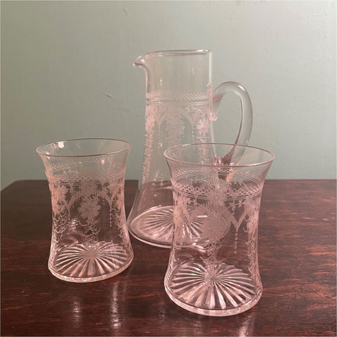 Victorian Etched Tumblers & Matching Jug - Glass